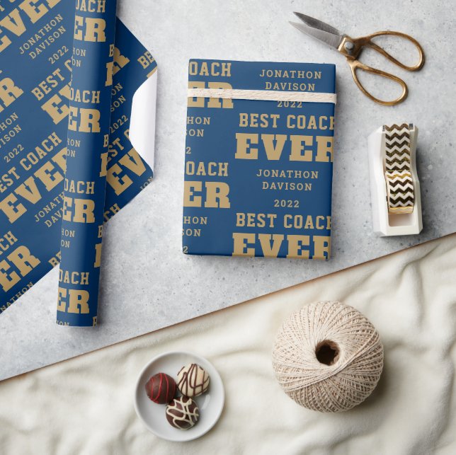 Best Coach Ever Name Year Gold Blue Wrapping Paper (Crafts)