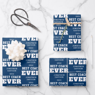 Best Coach Ever Typography Name Year White Blue Wrapping Paper Sheet