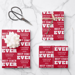 Best Coach Ever Typography Name Year White Red Wrapping Paper Sheet