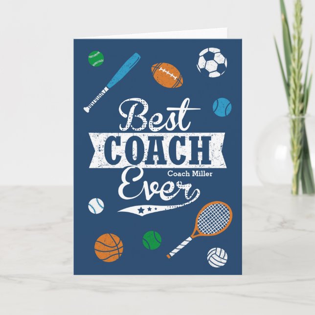 Best Coach Ever with name and sports equipment Thank You Card (Front)