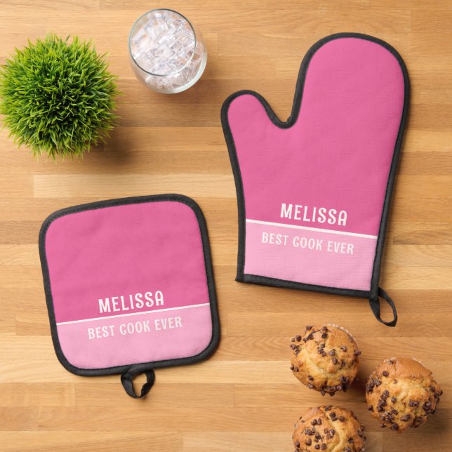 Best Cook Ever Mum Grandma Gift Pink Oven Mitt & Pot Holder Set (Top Down)