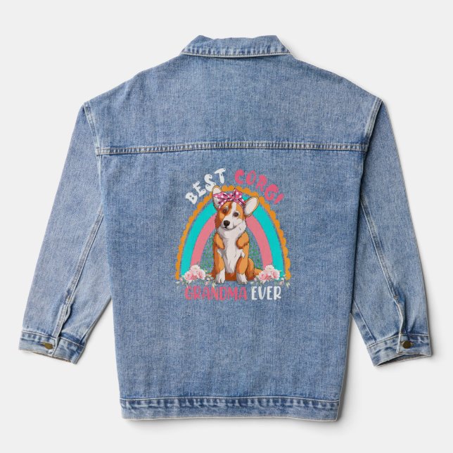 Best Corgi Grandma Ever Cute Rainbow Flowers Dog  Denim Jacket (Back)