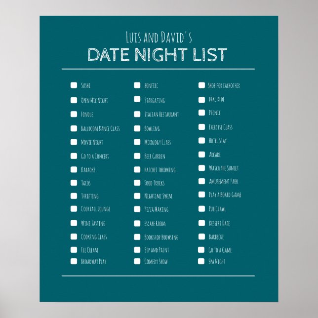Best couple's gift date night bucket list poster (Front)