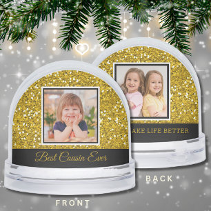 Best Cousin Ever 2 Photo Keepsake Gold Glitter Snowglobe