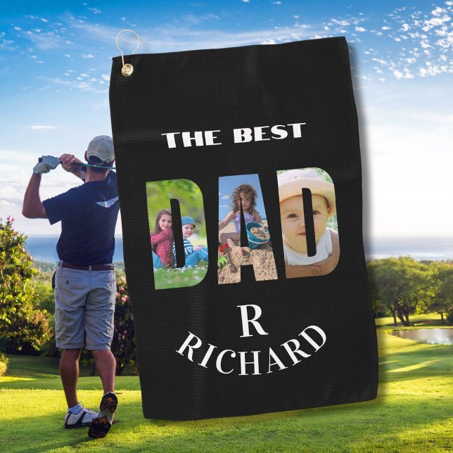 Best Dad 3 Photos Monogram Name   Golf Towel (Creator Uploaded)