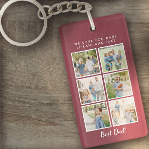 Best Dad! 6 Photo Collage Modern Burgundy Key Ring