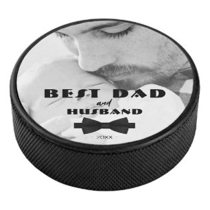 Best Dad and Husband Black Tie Elegant Photo  Hockey Puck