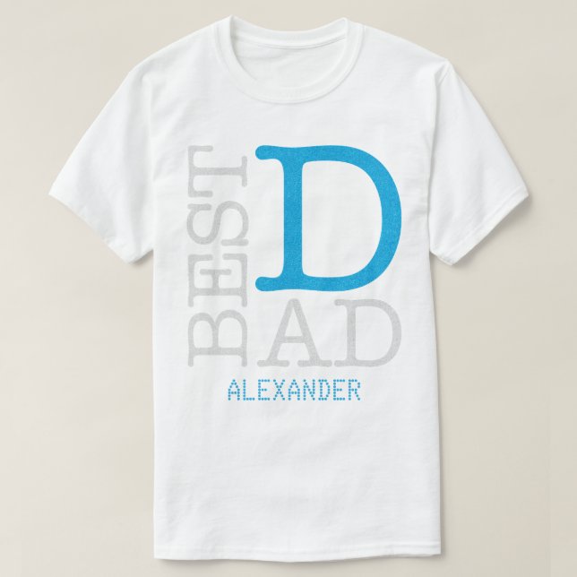 Best Dad Blue Silver Glitter Name Personalised T-Shirt (Design Front)