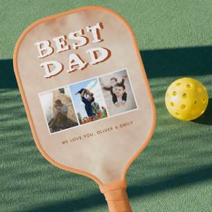 Best Dad Blush Orange Watercolor 3 Photo Collage Pickleball Paddle