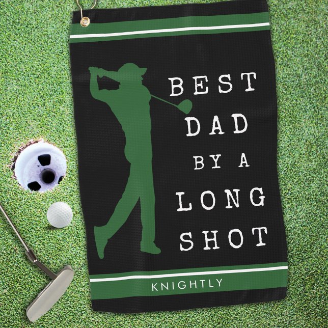 BEST DAD BY A LONG SHOT Black Green Personalised Golf Towel (Creator Uploaded)