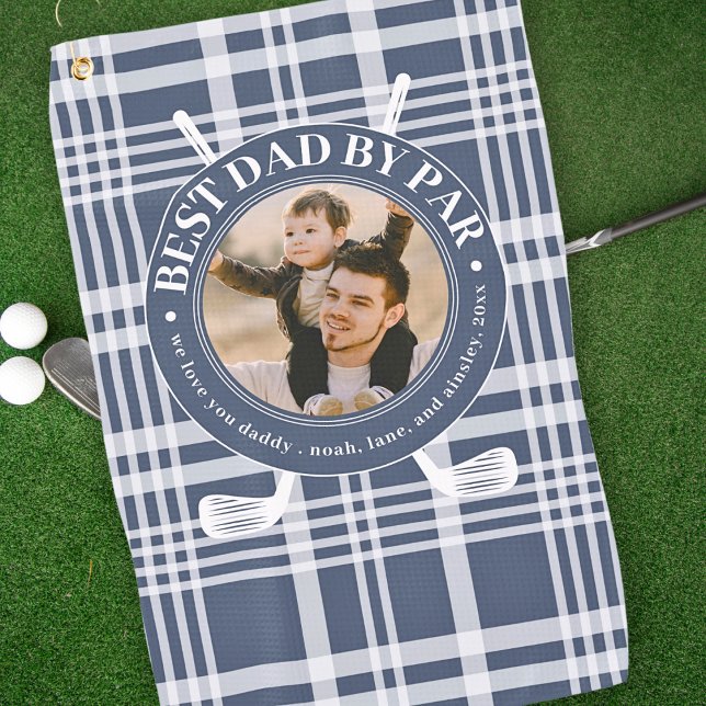 Best Dad By Par Buffalo Plaid Fathers Day Photo Golf Towel (Creator Uploaded)