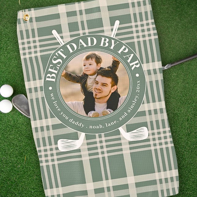 Best Dad By Par Buffalo Plaid Fathers Day Photo Golf Towel (Creator Uploaded)