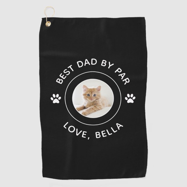 Best Dad By Par Cat Paw Print Photo Text Golf Pun Golf Towel (Front)