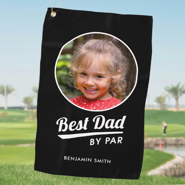 Best Dad By Par Custom Kid's Photo Name Black Golf Towel (Creator Uploaded)