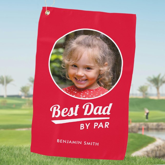 Best Dad By Par Custom Kid's Photo Name Red Golf Towel (Creator Uploaded)