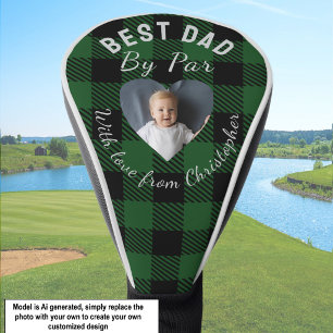 Best Dad by Par Custom Photo Green Buffalo Plaid Golf Head Cover