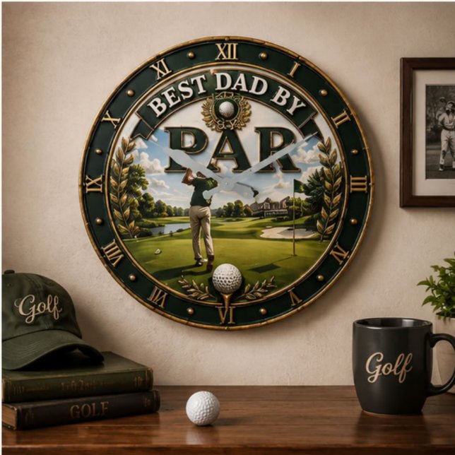 Best Dad by Par Funny Golf Gift for Dad  Large Clock (Creator Uploaded)