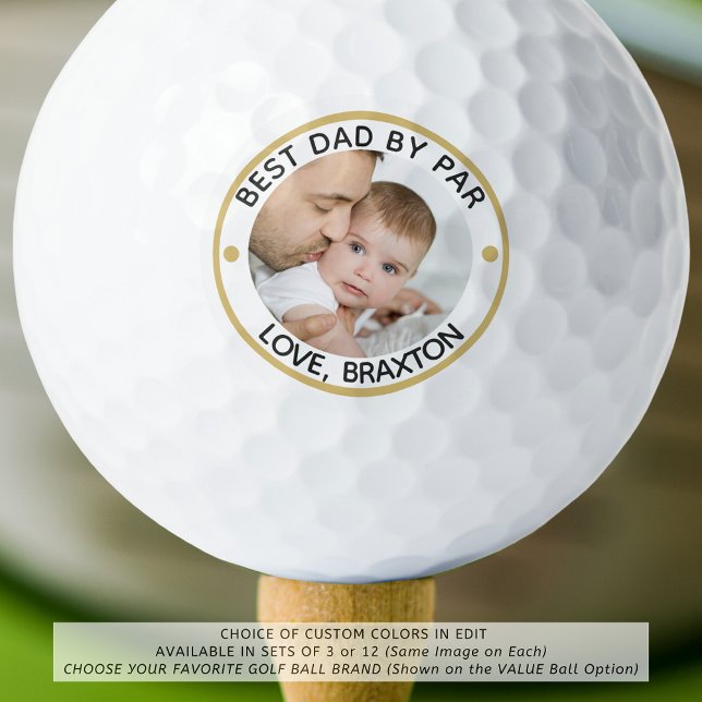 BEST DAD BY PAR Photo Black Gold Personalised Golf Balls (Creator Uploaded)