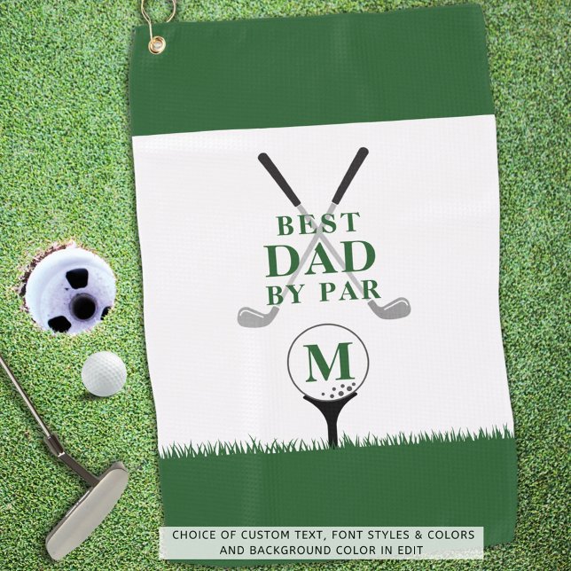 BEST DAD BY PAR Photo Monogram Green White Golf Towel (Creator Uploaded)