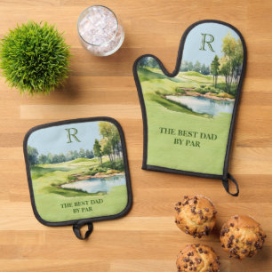 Best Dad by Par Watercolor Golf Course Initial Oven Mitt & Pot Holder Set