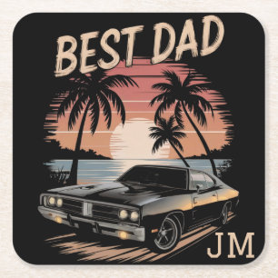 Best Dad,Classic Car, Retro Sunset, Father's Day Square Paper Coaster