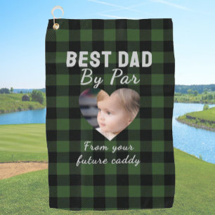 Best Dad Custom Kids Photo Green Buffalo Plaid Golf Towel