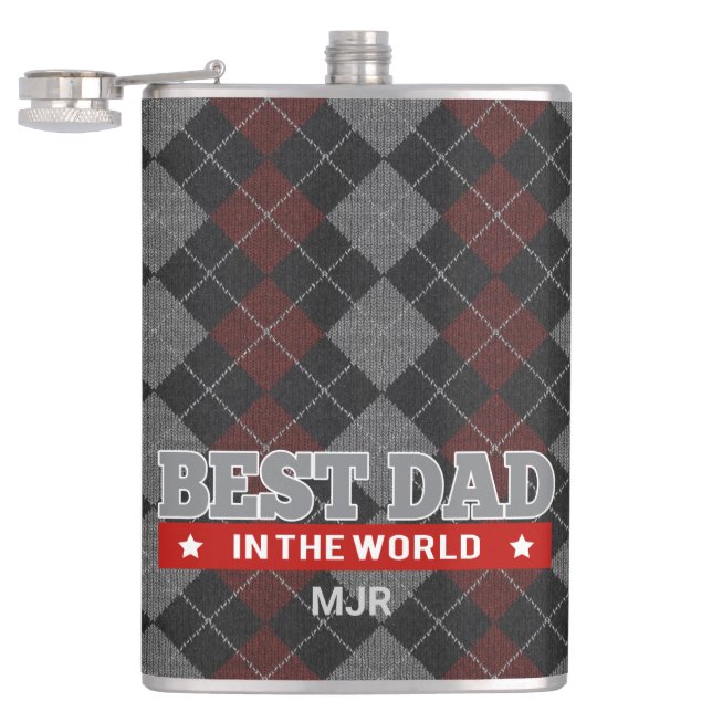 Best Dad Deep Red Argyle Monogrammed Hip Flask (Opened)