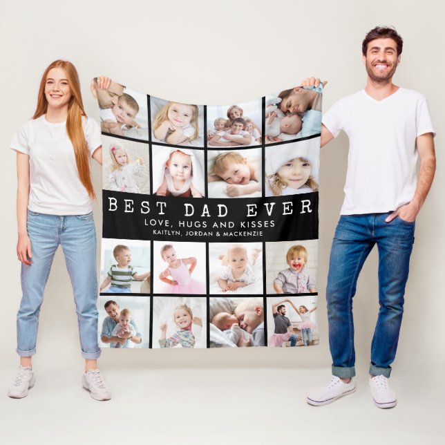 BEST DAD EVER 16 Photo Collage Black Fleece Blanket (In Situ)