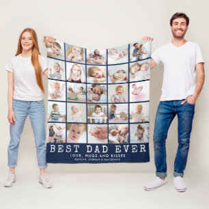 BEST DAD EVER 25 Photo Collage Navy Blue White Fleece Blanket