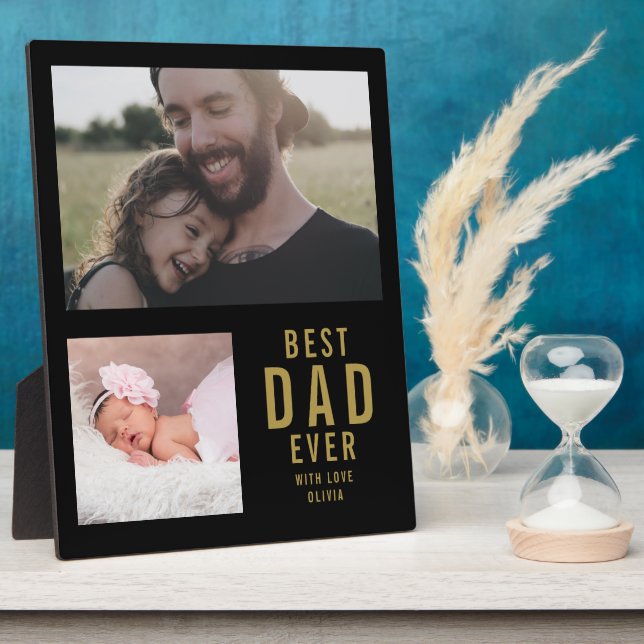 Best Dad Ever 2 Photo  Collage Black And Gold Plaque (Side)