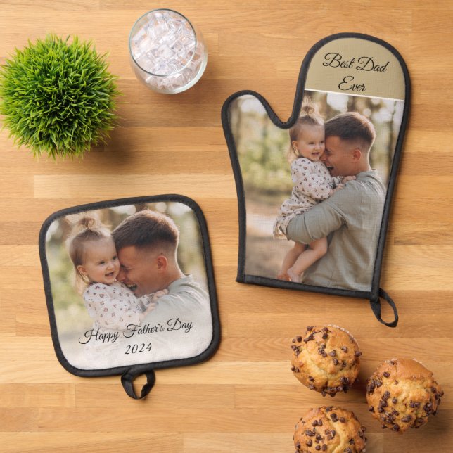 best dad ever, 2 photos modern chic 2024 oven mitt & pot holder set (Top Down)