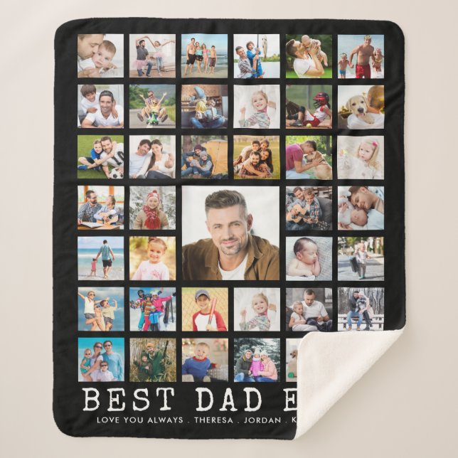 BEST DAD EVER 39 Photo Collage Personalised Black Sherpa Blanket (Front)