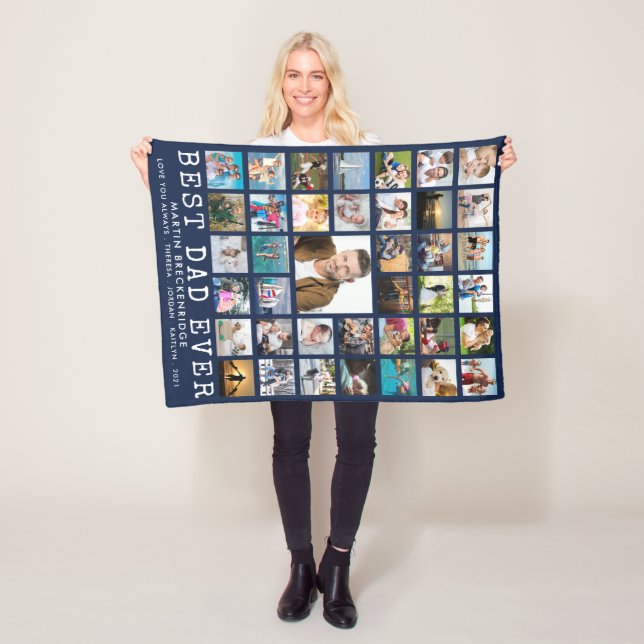BEST DAD EVER 39 Photo Collage Personalised Navy Fleece Blanket (In Situ)
