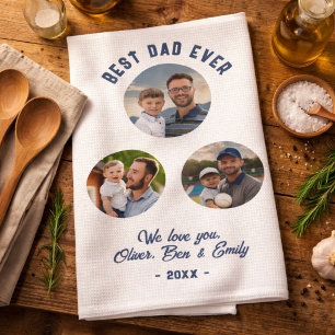 Best Dad Ever 3 Photos Father`s Day Keepsake Tea Towel