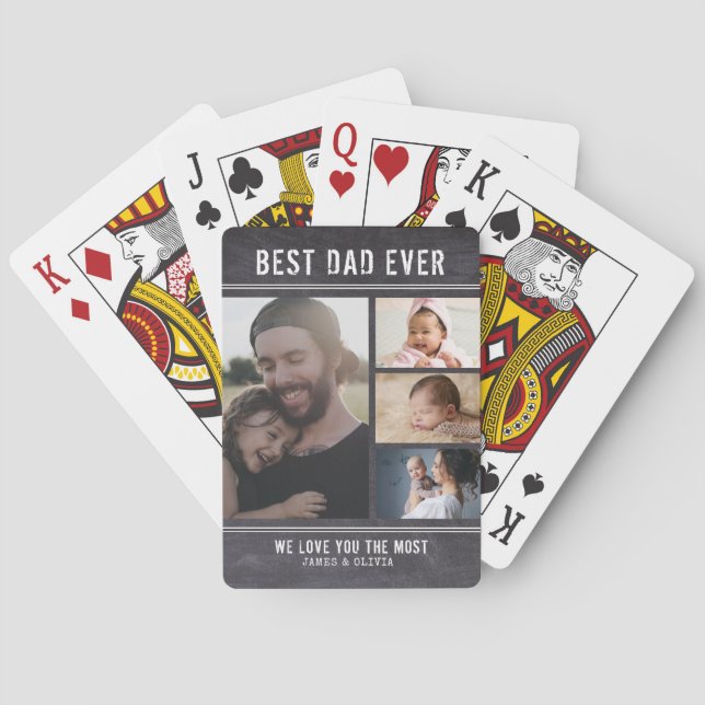 Best Dad Ever 4 Family Photo Collage Chalkboard Playing Cards (Back)