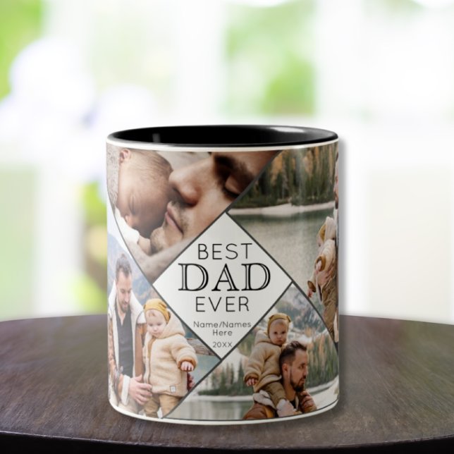 Best Dad Ever 4 Photo Collage Add Kids Name Date  Two-Tone Coffee Mug (Creator Uploaded)