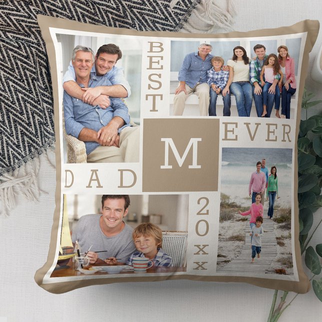 Best Dad Ever 4 Photo Collage Beige White Monogram Cushion (Creator Uploaded)