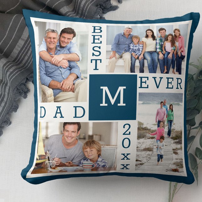 Best Dad Ever 4 Photo Collage Blue White Monogram Cushion (Creator Uploaded)