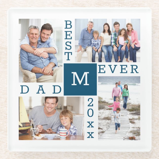Best Dad Ever 4 Photo Collage Blue White Monogram Glass Coaster (Front)