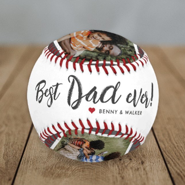 Best Dad Ever 4 Photo Collage Fathers Day Baseball (Great gift for Dad with modern handwritten best dad ever and 4 photo collage baseball.)