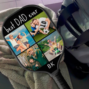 Best Dad Ever 4 Photo Collage Monogram Your Colour Pickleball Paddle