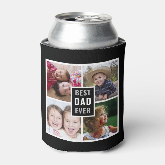 Best Dad Ever 4 Photo Collage Personalised Black   Can Cooler (Can Front)
