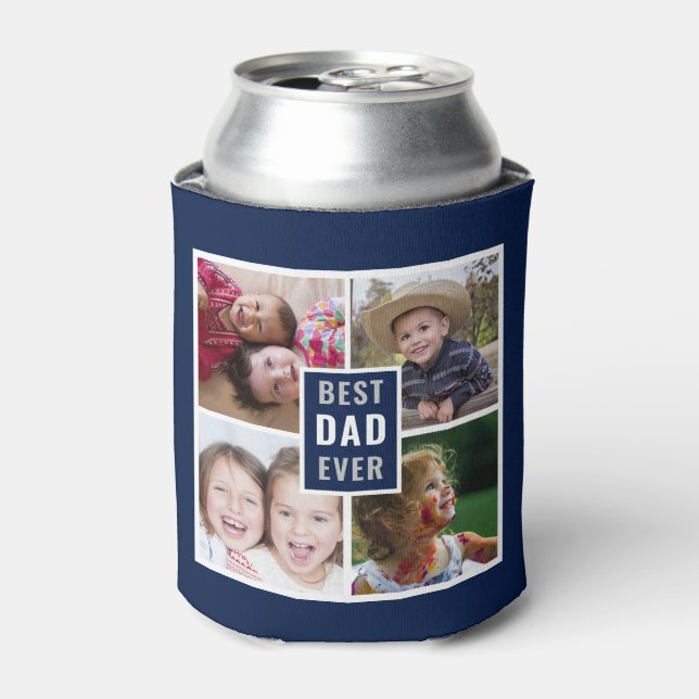 Best Dad Ever 4 Photo Collage Personalised Blue Can Cooler (Can Front)