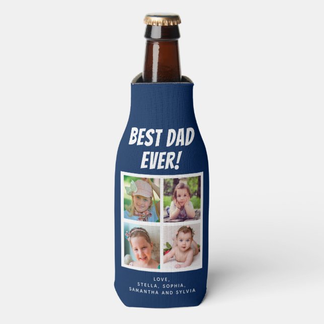 Best Dad Ever 4 Photos Dark Blue  Bottle Cooler (Bottle Front)