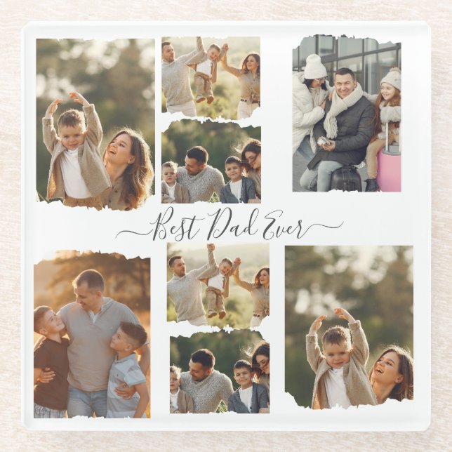 Best Dad Ever 8-Photo Collage Father's Day Gift Glass Coaster (Front)