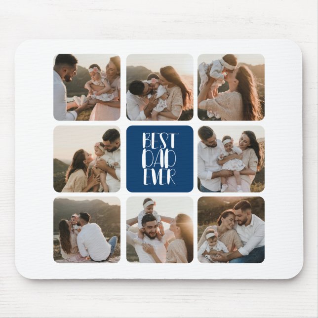 Best Dad Ever 8 Photo Handwritten Script Blue Mouse Mat (Front)