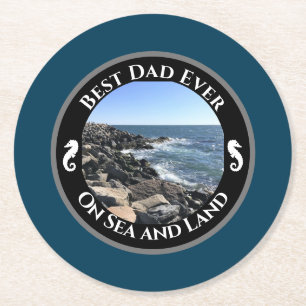 Best Dad Ever Blue Atlantic Ocean Rocky Seashore Round Paper Coaster