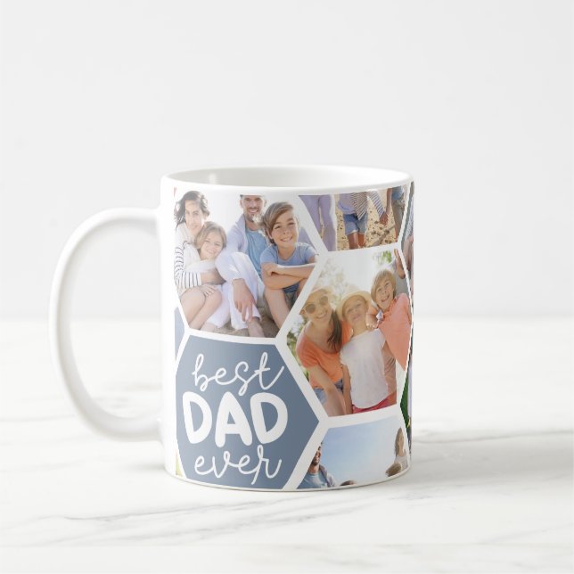 Best Dad Ever | Blue Hexagons Photo Coffee Mug (Left)