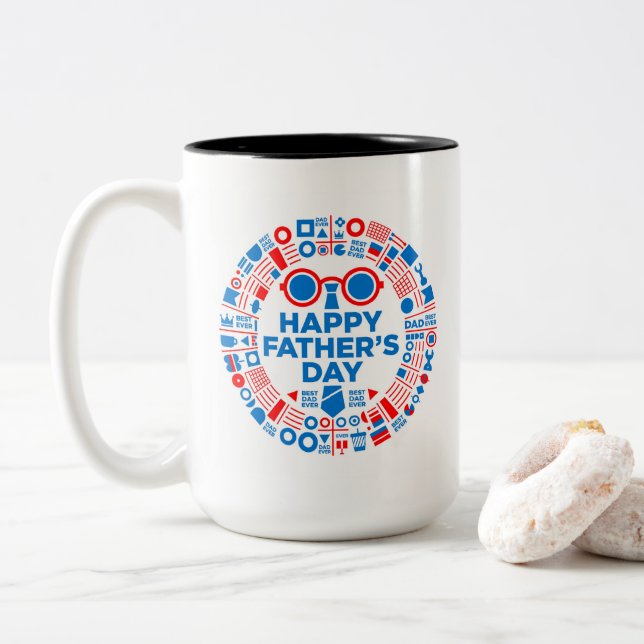 Best Dad Ever Blue Red Graphic Gift for Dad Two-Tone Coffee Mug (With Donut)