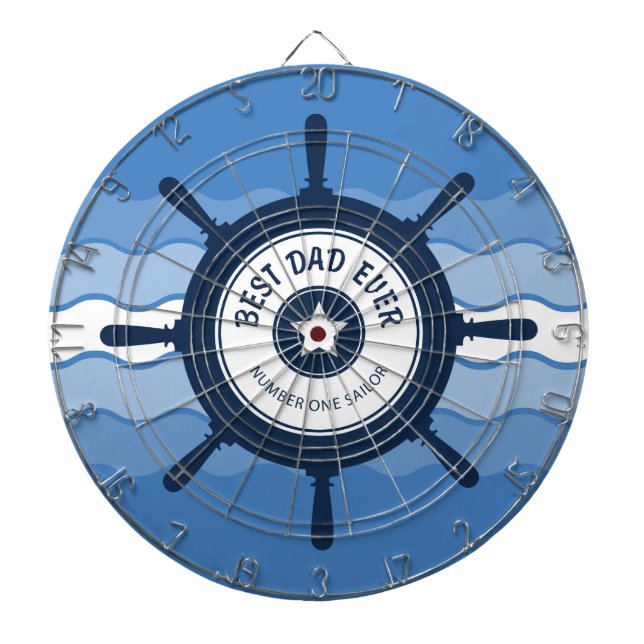 Best Dad Ever Blue Ships Wheel and Waves Dartboard (Front)
